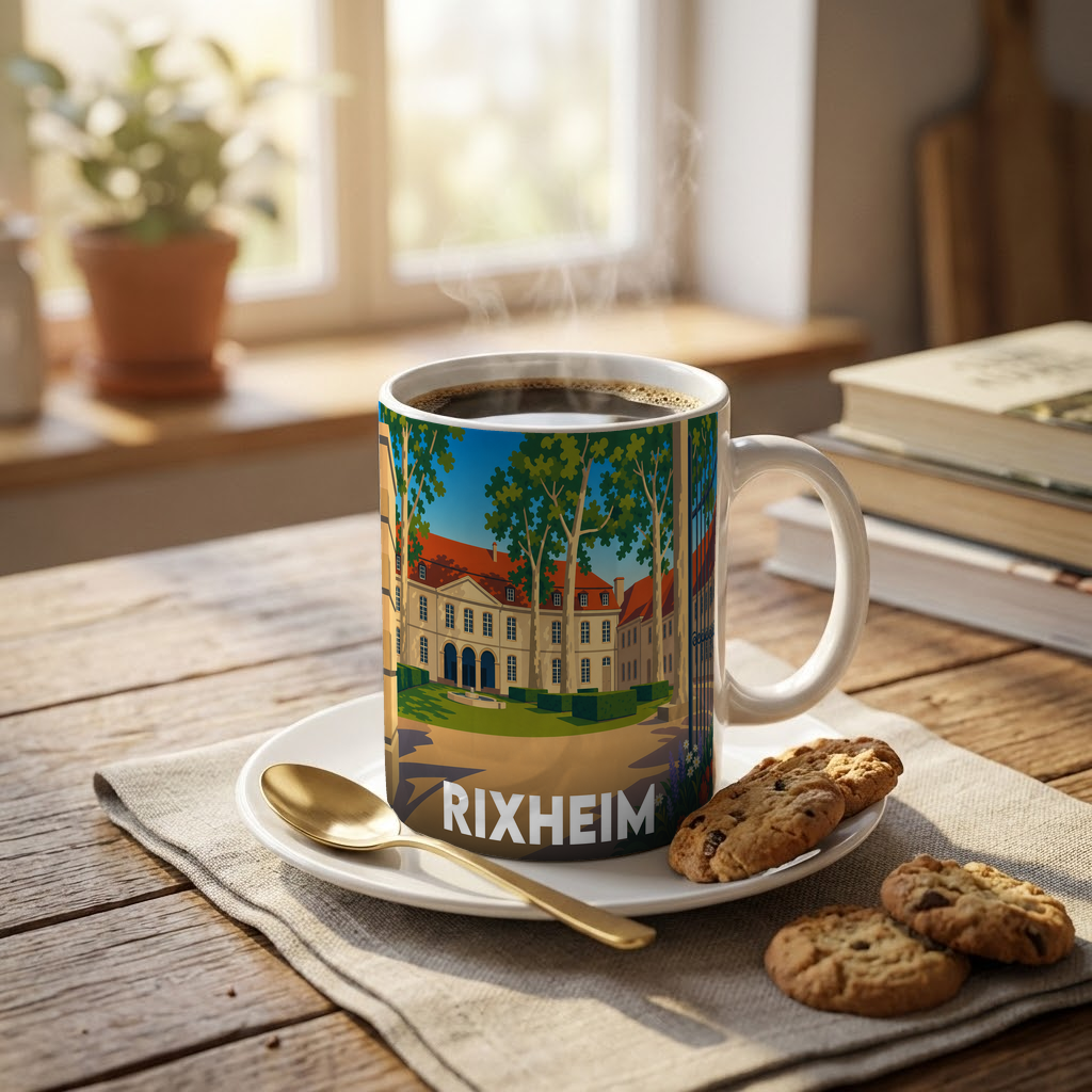Mug souvenir de la ville de Rixheim avec une illustration stylisée.