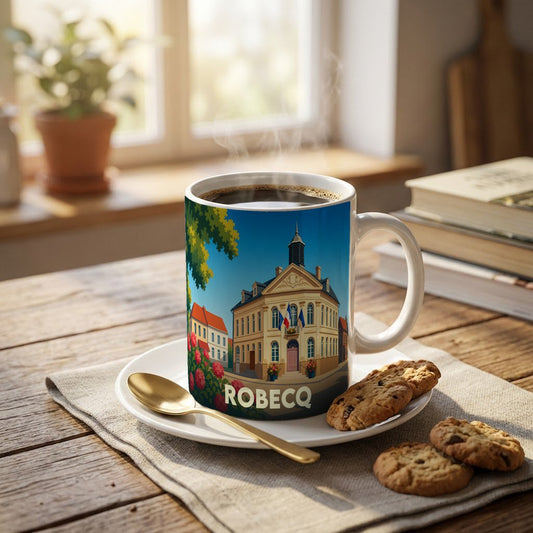 Mug souvenir de la ville de Robecq orné d'une illustration stylisée de son hôtel de ville.