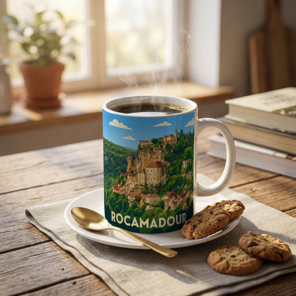 Mug souvenir de la ville de Rocamadour avec une illustration stylisée.