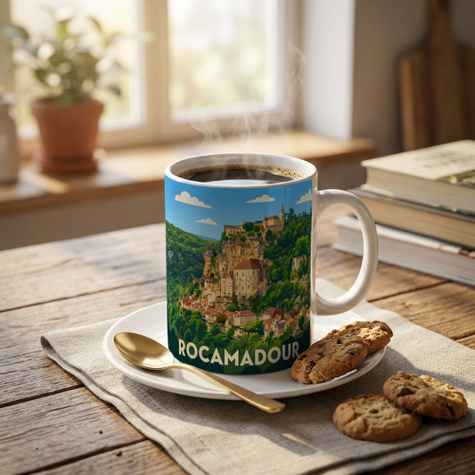 Mug souvenir de la ville de Rocamadour avec une illustration stylisée.