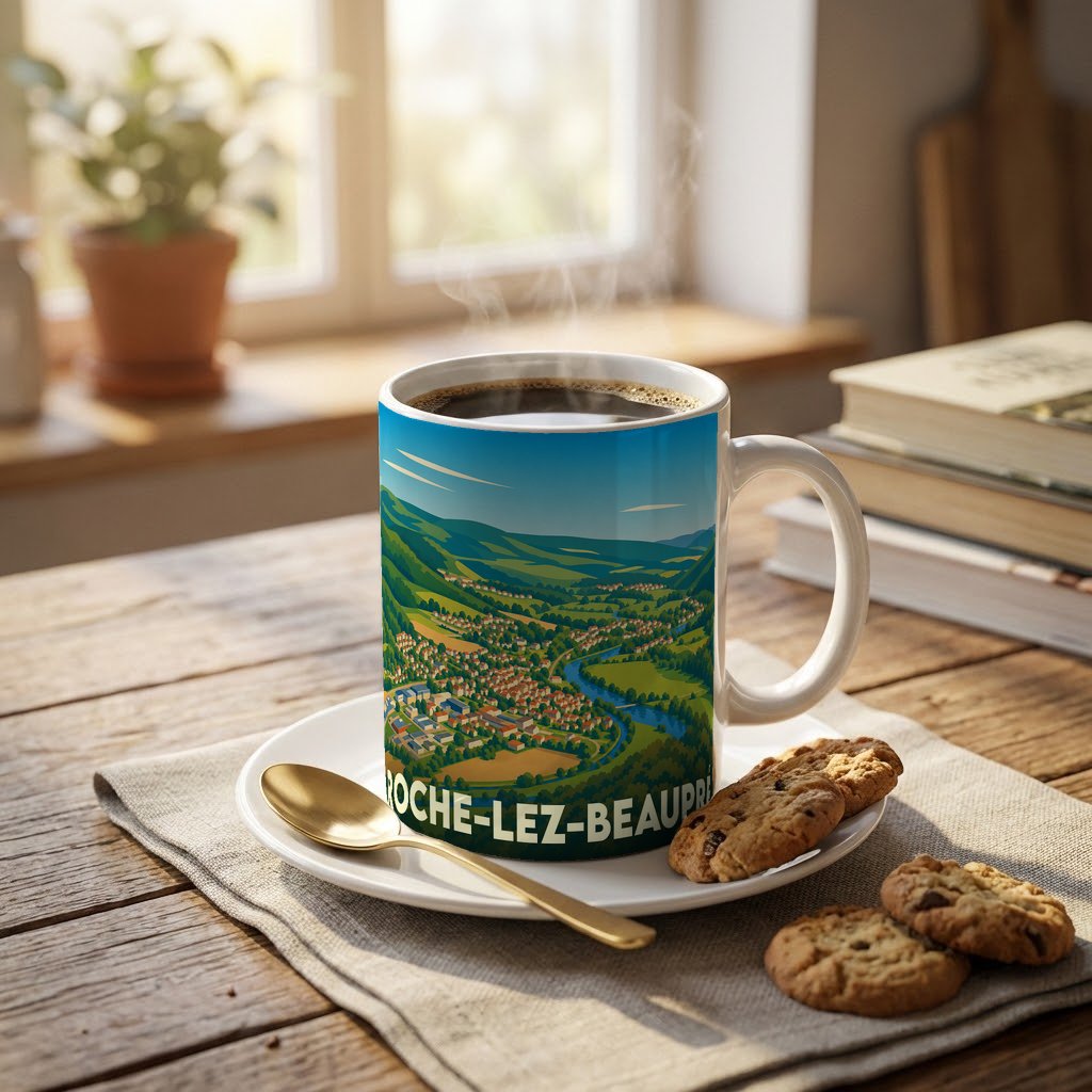 Mug souvenir de Roche-lez-Beaupré avec une illustration panoramique stylisée de la commune.