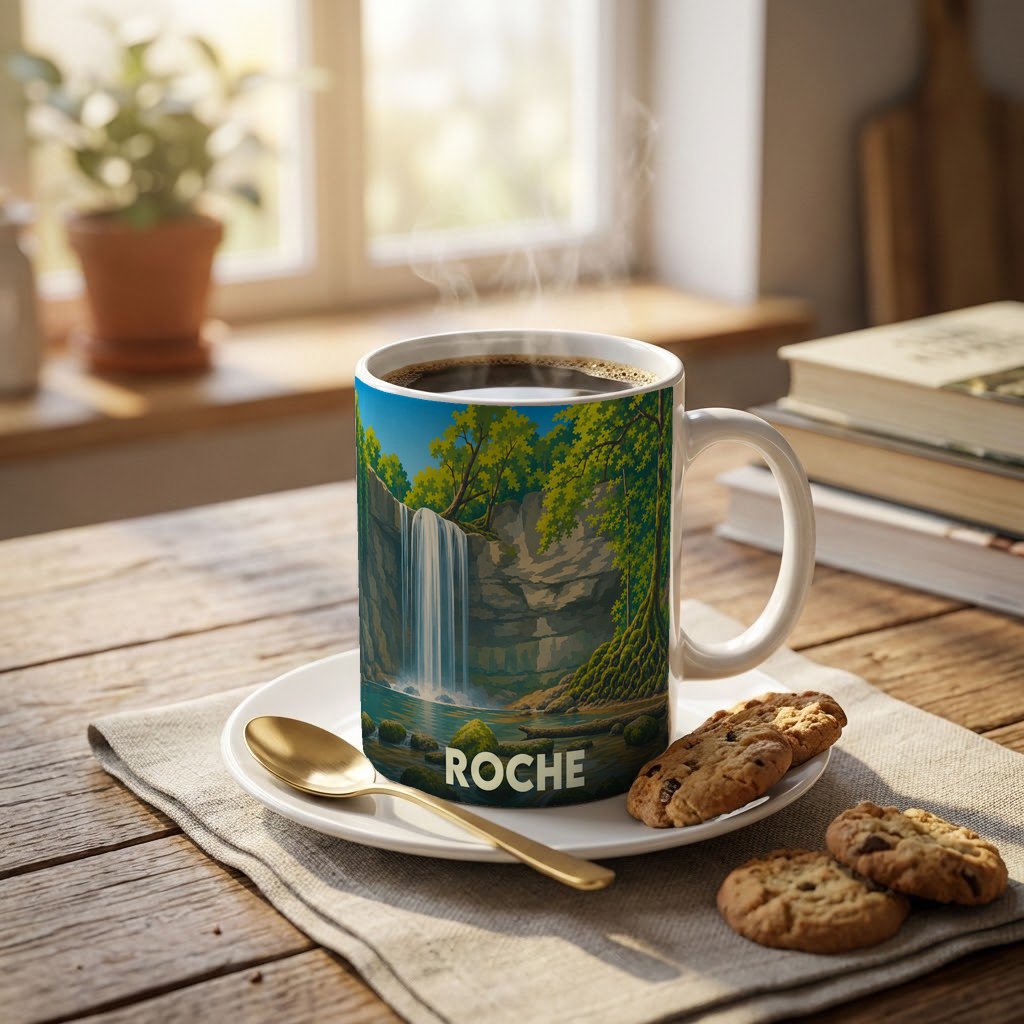 Mug souvenir de la ville de Roche orné d'une illustration stylisée de cascade en forêt.