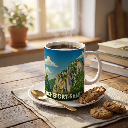 Mug souvenir de la ville de Rochefort-Samson orné d'une illustration stylisée de ses falaises.