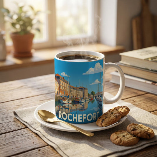 Mug souvenir de la ville de Rochefort avec une illustration stylisée de son port.