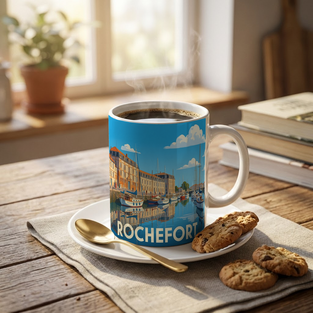 Mug souvenir de la ville de Rochefort avec une illustration stylisée de son port.