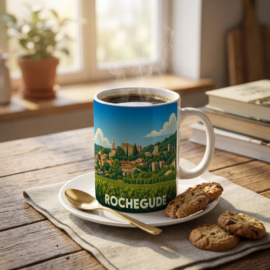 Mug souvenir de la ville de Rochegude avec une illustration stylisée de son paysage et de ses vignobles.