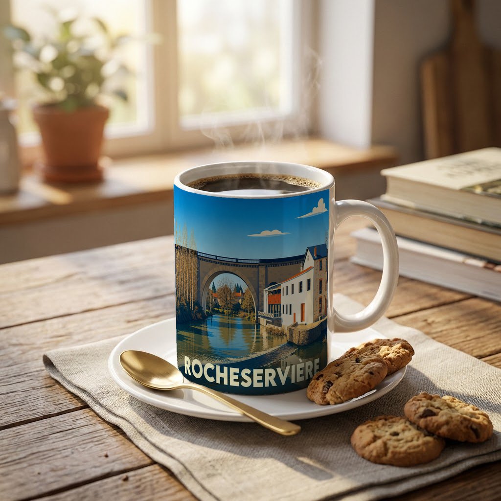 Mug souvenir de la ville de Rocheservière orné d'une illustration stylisée de son pont et de ses bords de rivière.