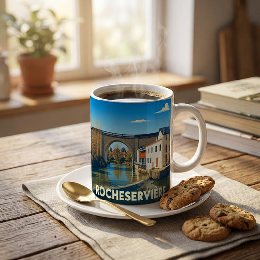 Mug souvenir de la ville de Rocheservière orné d'une illustration stylisée de son pont et de ses bords de rivière.