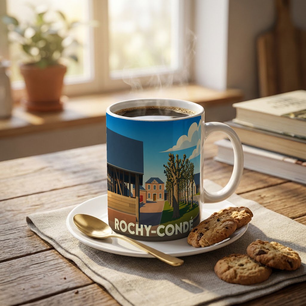 Mug souvenir de la ville de Rochy-Condé avec une illustration stylisée et colorée.