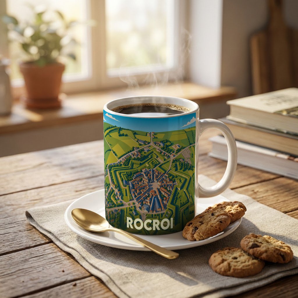 Mug souvenir de la ville de Rocroi orné d'une illustration stylisée de ses fortifications en forme de étoile.