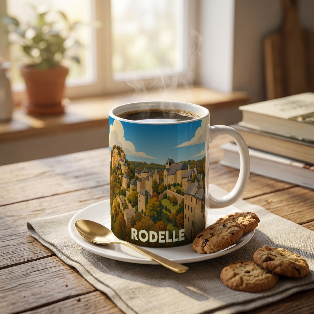 Mug souvenir de la ville de Rodelle illustré d'un paysage urbain stylisé, posé à côté de biscuits.