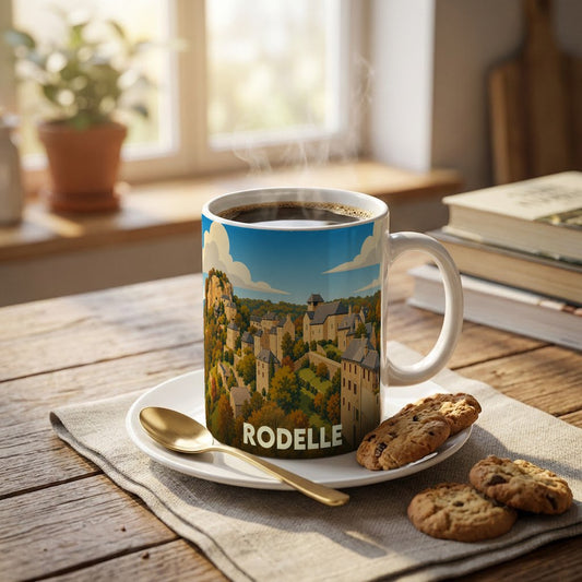 Mug souvenir de la ville de Rodelle illustré d'un paysage urbain stylisé, posé à côté de biscuits.