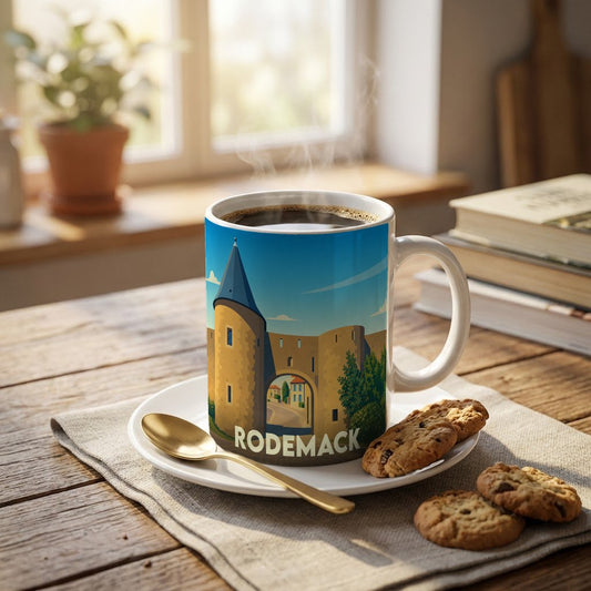 Mug souvenir de la ville de Rodemack illustré d'une vue stylisée de ses remparts médiévaux.
