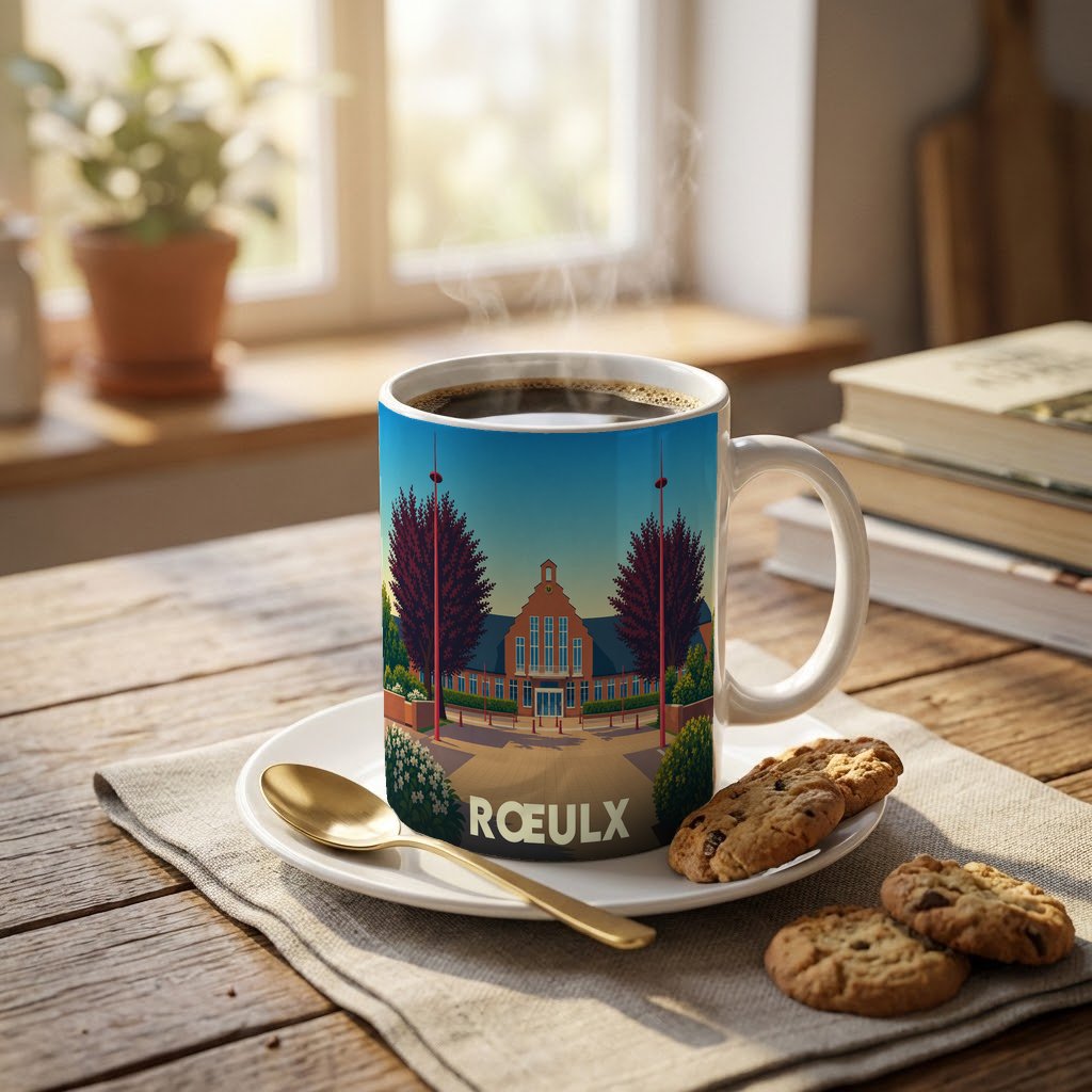 Mug souvenir de la ville de Rœulx avec une illustration stylisée d'un bâtiment emblématique.