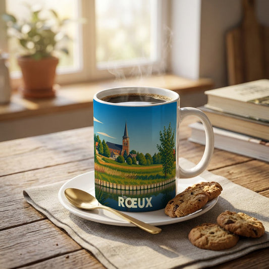 Mug souvenir de la ville de Rœux avec une illustration stylisée d'un paysage champêtre et de son église.