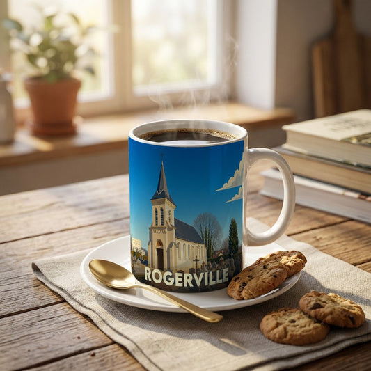 Mug souvenir de la ville de Rogerville illustré d'une église sous un ciel bleu.