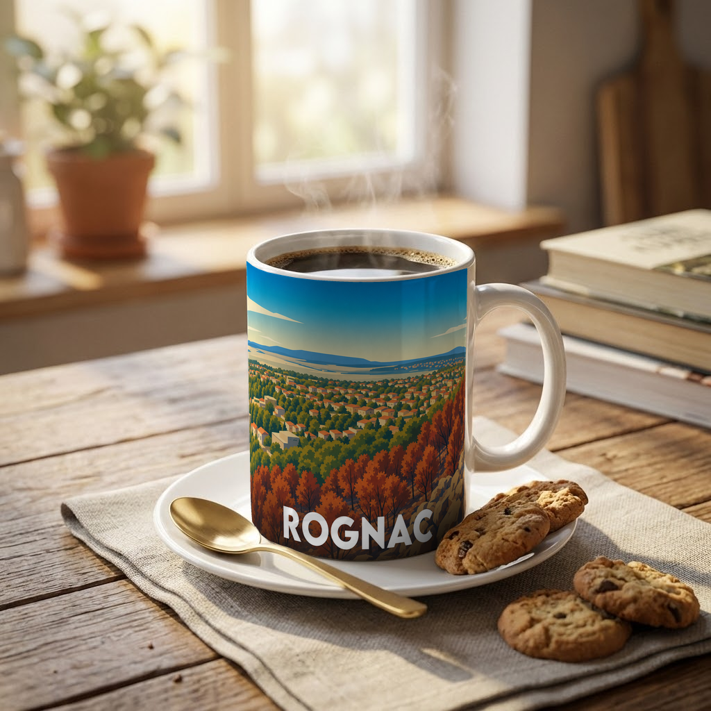 Mug souvenir de la ville de Rognac avec une illustration panoramique stylisée.