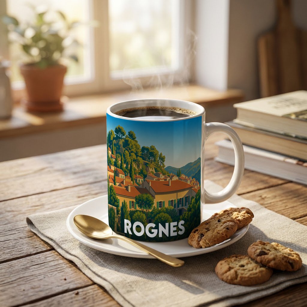 Mug souvenir de la ville de Rognes avec une illustration stylisée.