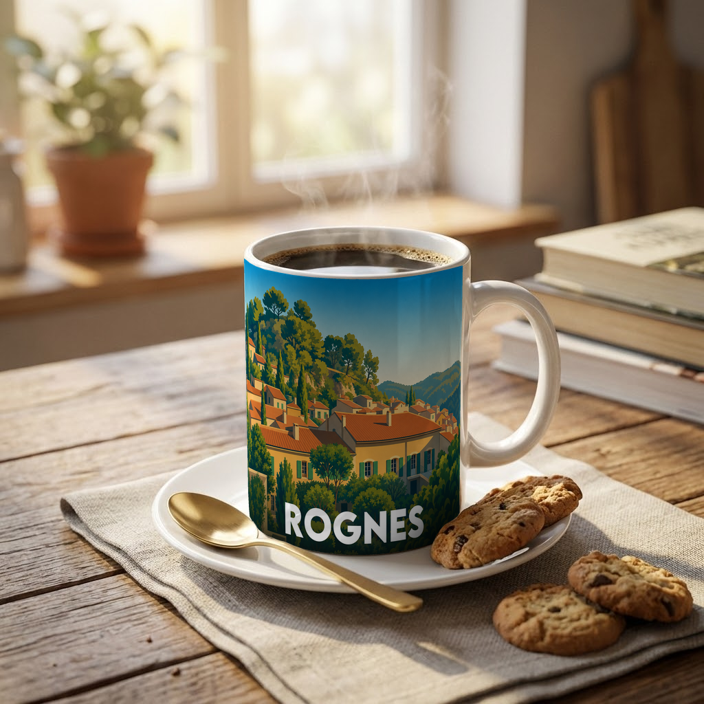 Mug souvenir de la ville de Rognes avec une illustration stylisée.
