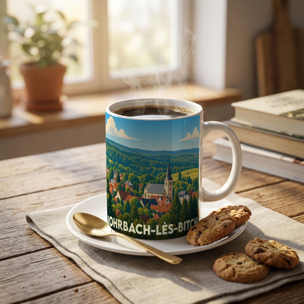 Mug souvenir de la ville de Rohrbach-lès-Bitche avec une illustration stylisée d'un paysage villageois.