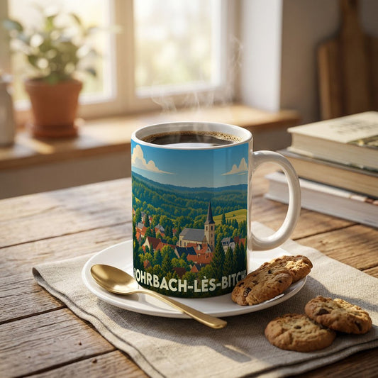 Mug souvenir de la ville de Rohrbach-lès-Bitche avec une illustration stylisée d'un paysage villageois.