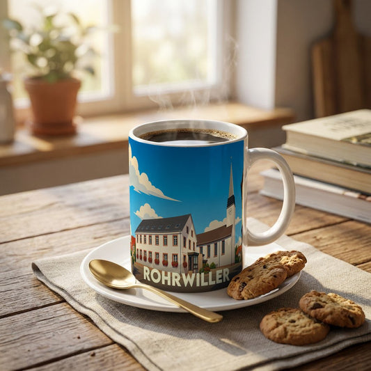 Mug souvenir de la ville de Rohrwiller avec une illustration stylisée d'un bâtiment alsacien et d'une église.