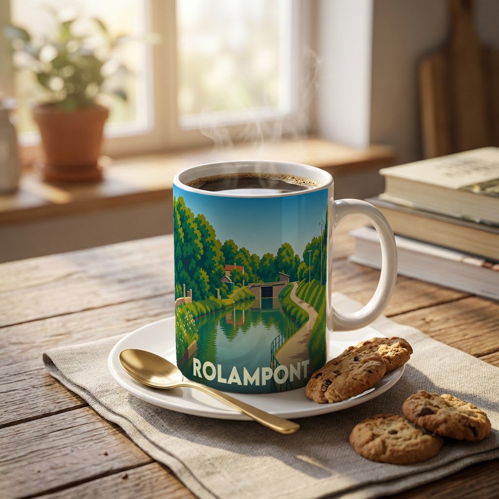 Mug souvenir de la ville de Rolampont avec une illustration stylisée d'un canal verdoyant.