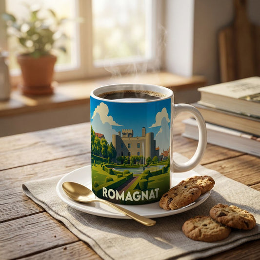 Mug souvenir de la ville de Romagnat avec une illustration stylisée de son château et de ses jardins.