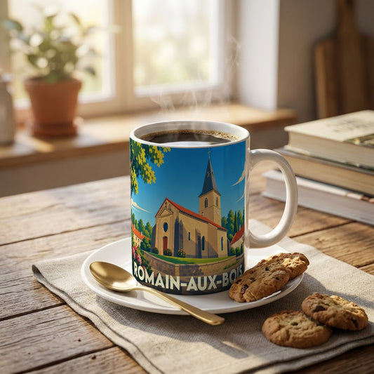 Mug souvenir de la ville de Romain-aux-Bois illustré d'un dessin stylisé de son église.