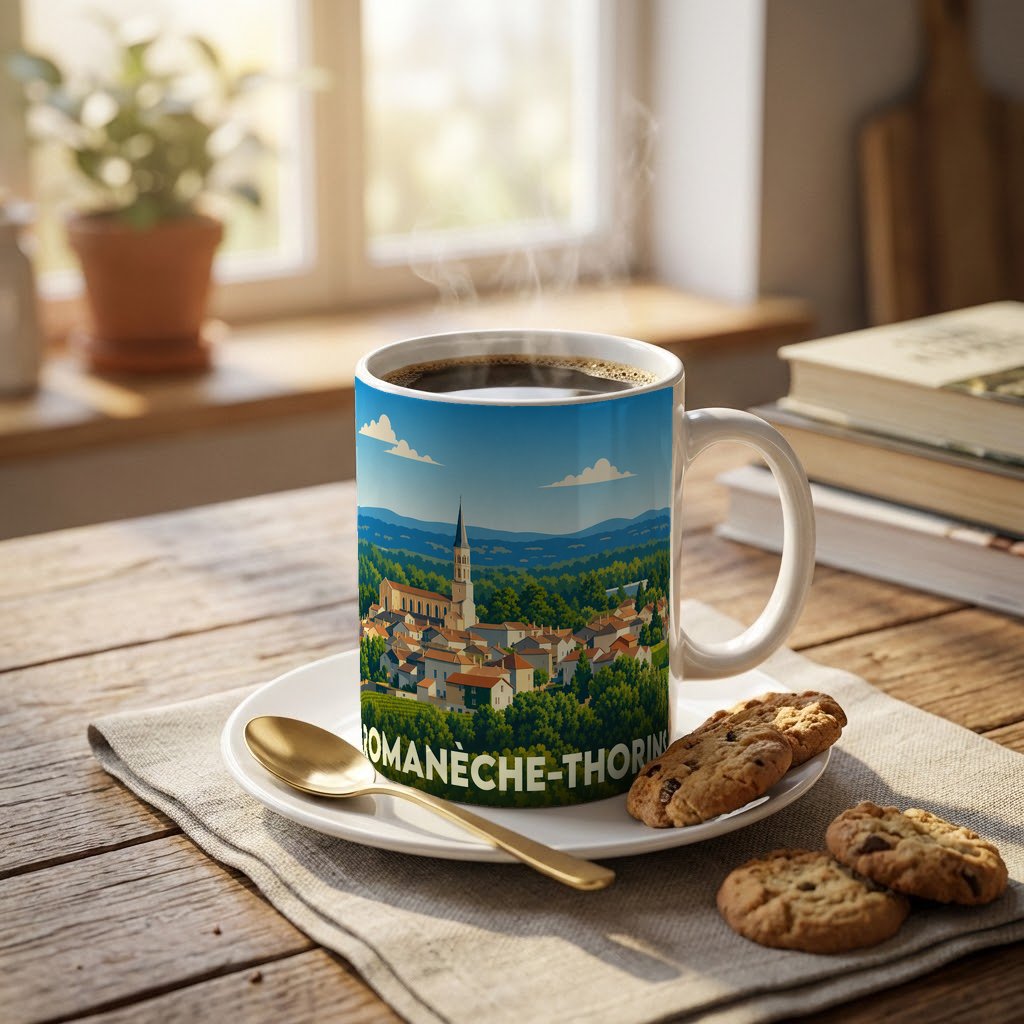 Mug souvenir de la ville de Romanèche-Thorins orné d'une illustration stylisée de son paysage urbain et verdoyant.