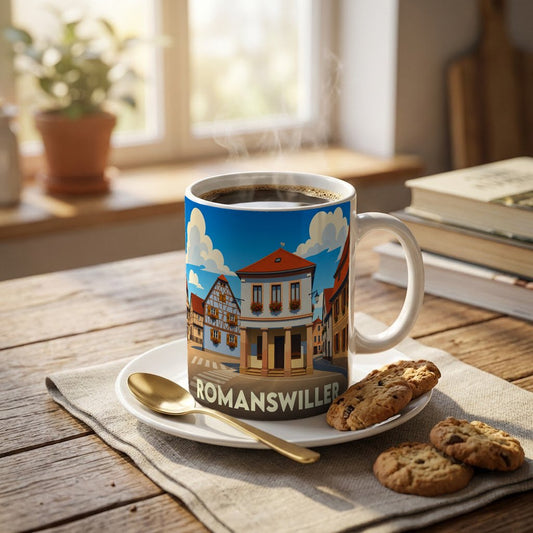 Mug souvenir de la ville de Romanswiller avec une illustration stylisée.