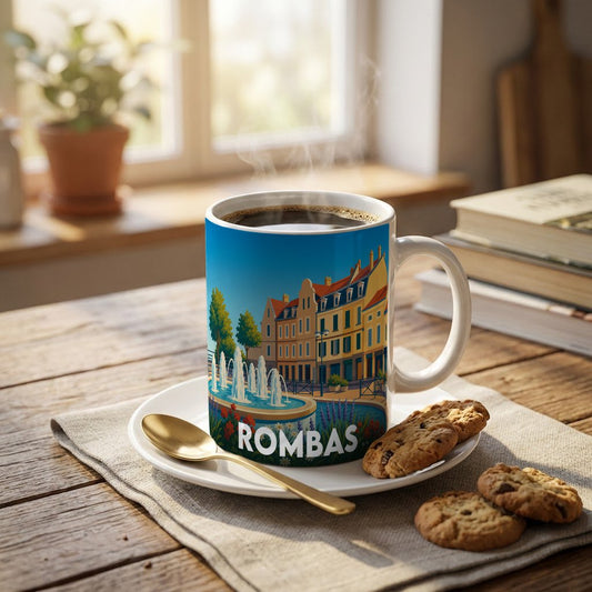 Mug souvenir de la ville de Rombas avec une illustration stylisée d'une place et sa fontaine.