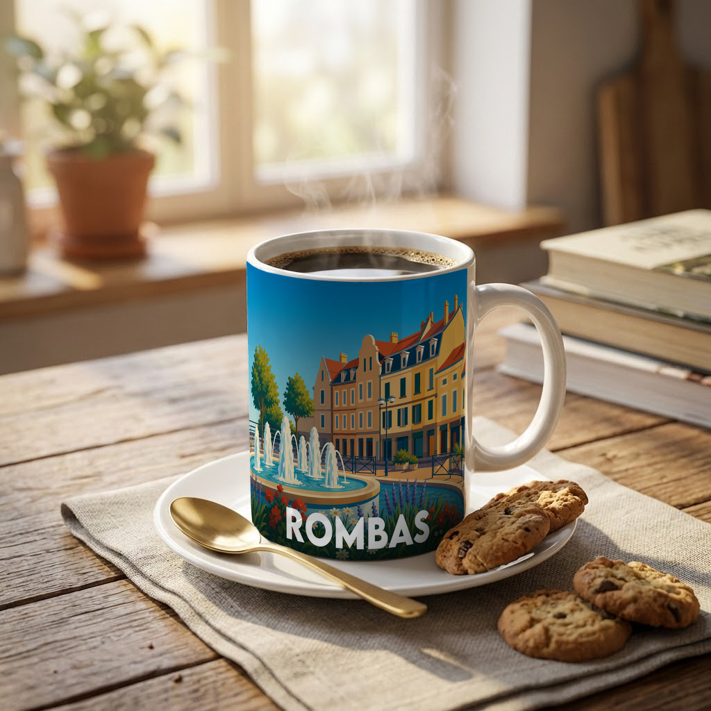 Mug souvenir de la ville de Rombas avec une illustration stylisée d'une place et sa fontaine.
