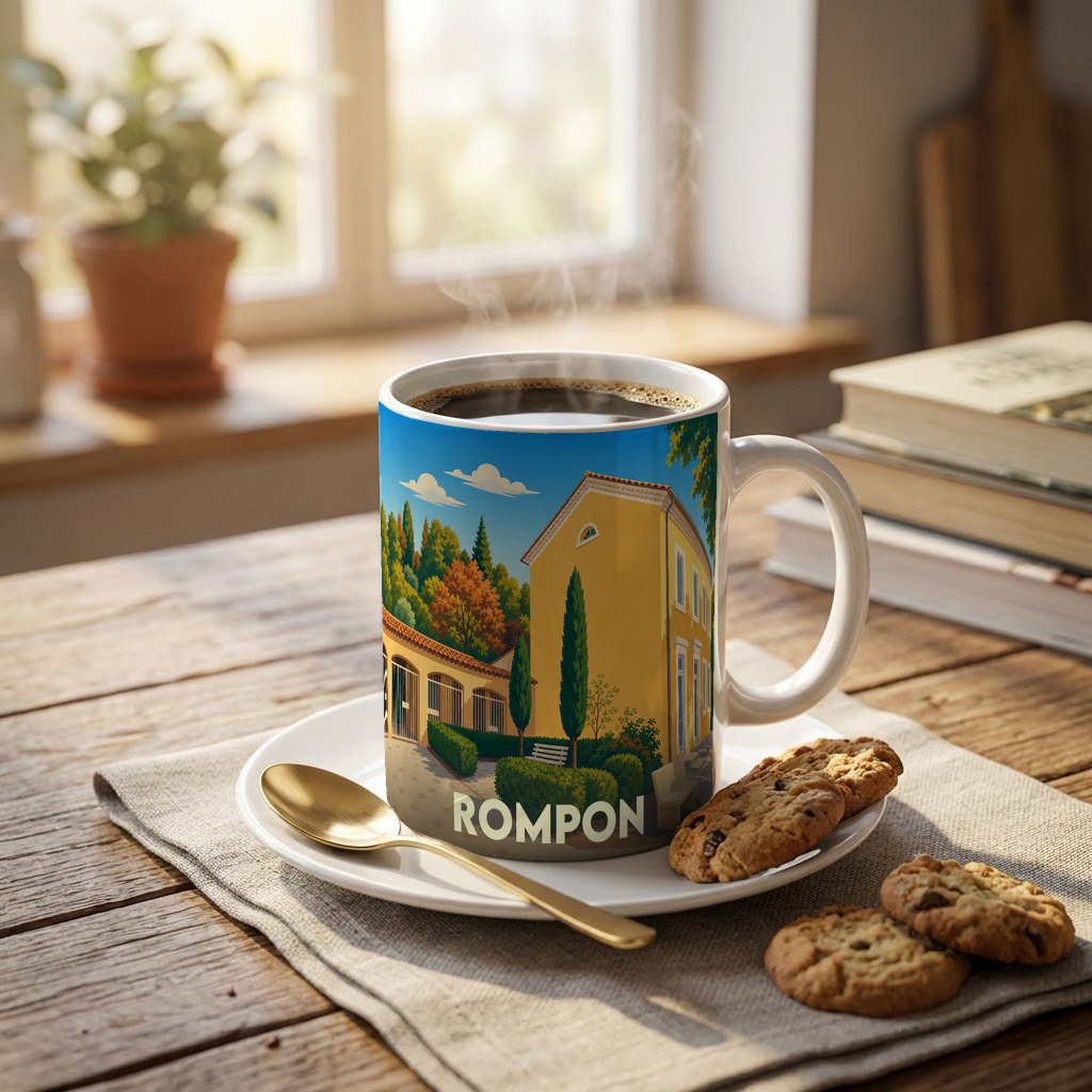 Mug souvenir de la ville de Rompon illustré d'un paysage provençal stylisé.