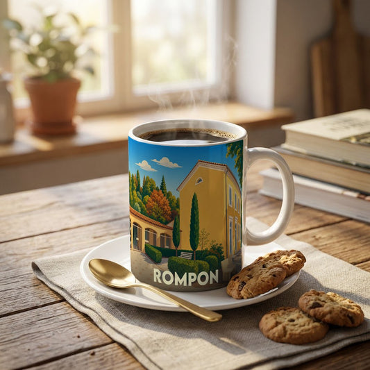 Mug souvenir de la ville de Rompon illustré d'un paysage provençal stylisé.