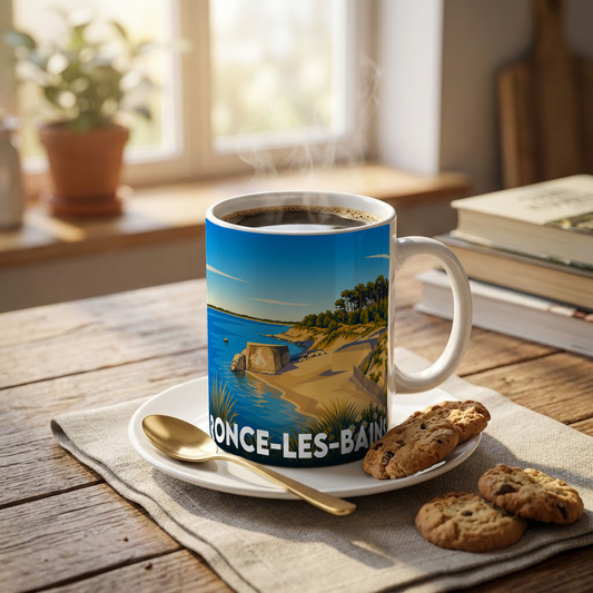 Mug souvenir de la ville de Ronce-les-Bains avec une illustration stylisée du littoral.