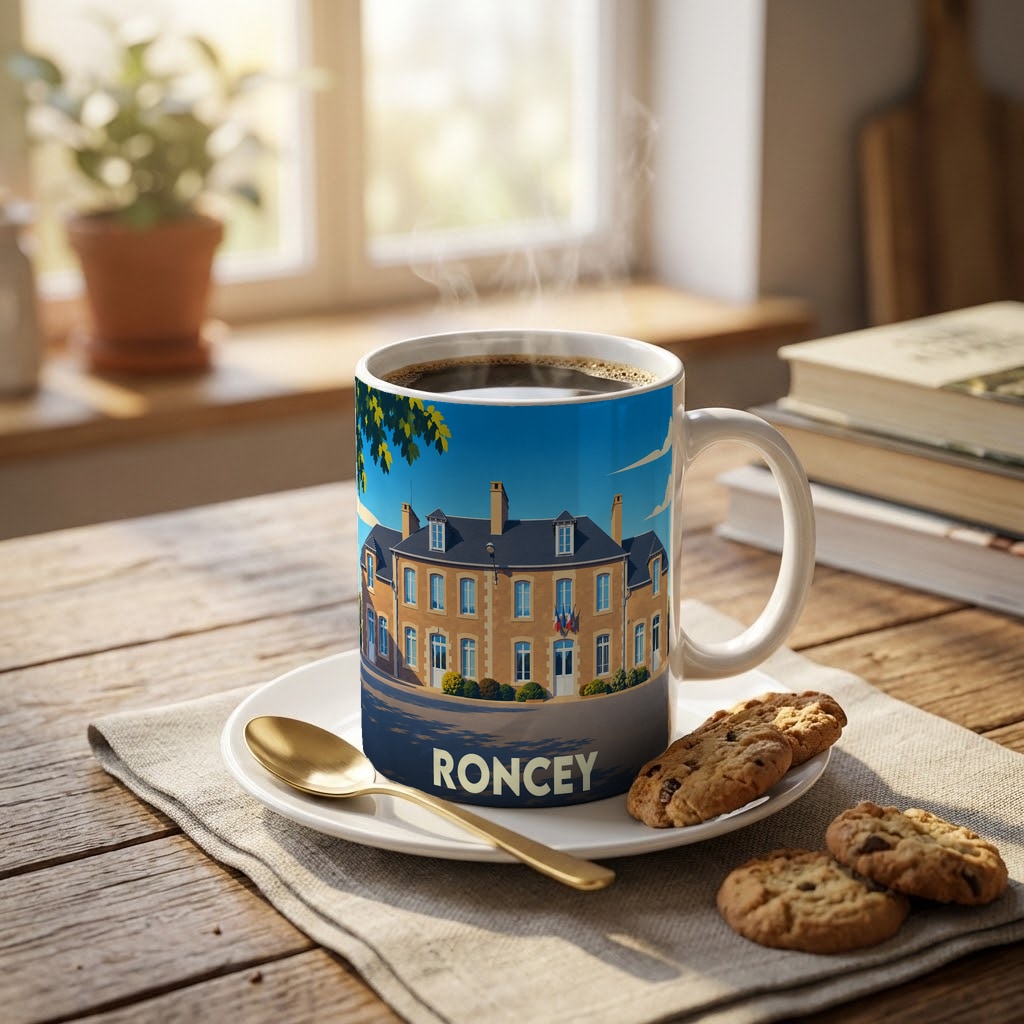 Mug souvenir de la ville de Roncey avec une illustration stylisée d'un bâtiment historique.
