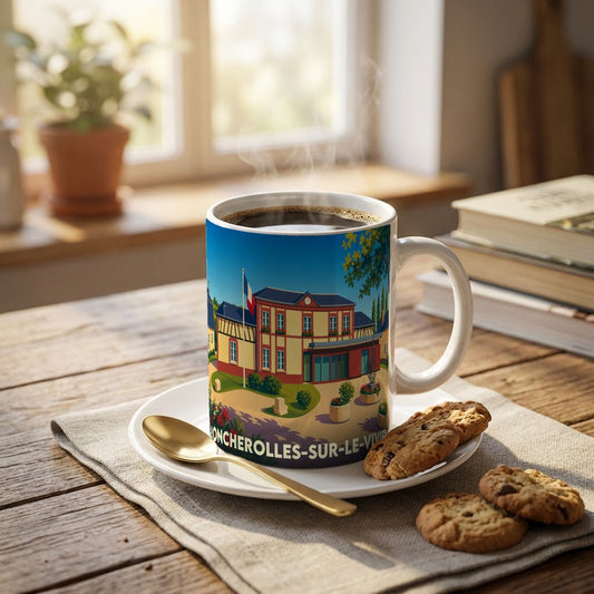 Mug souvenir de la ville de Roncherolles-sur-le-Vivier avec une illustration colorée et stylisée.
