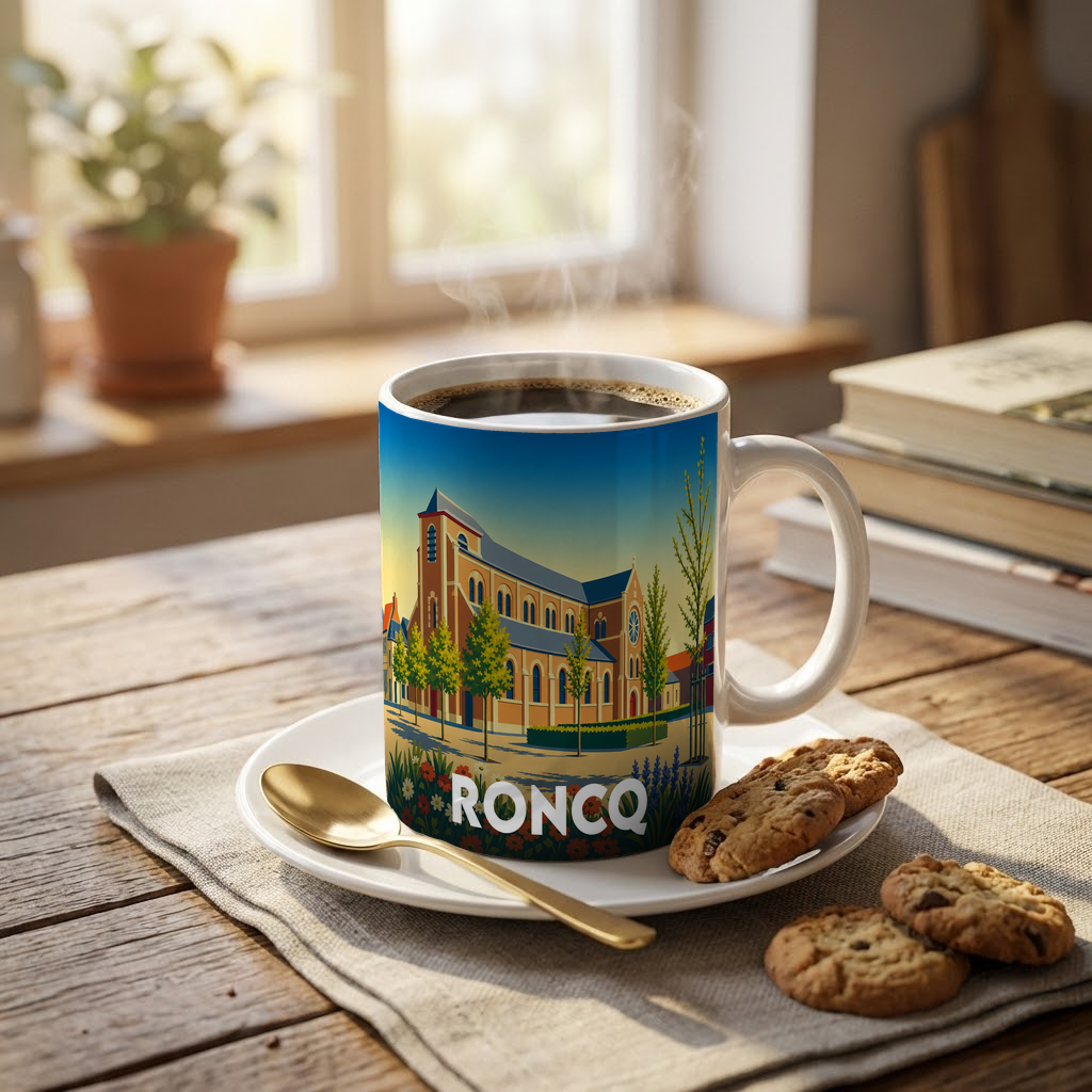 Mug souvenir de la ville de Roncq avec une illustration stylisée d'une église locale.