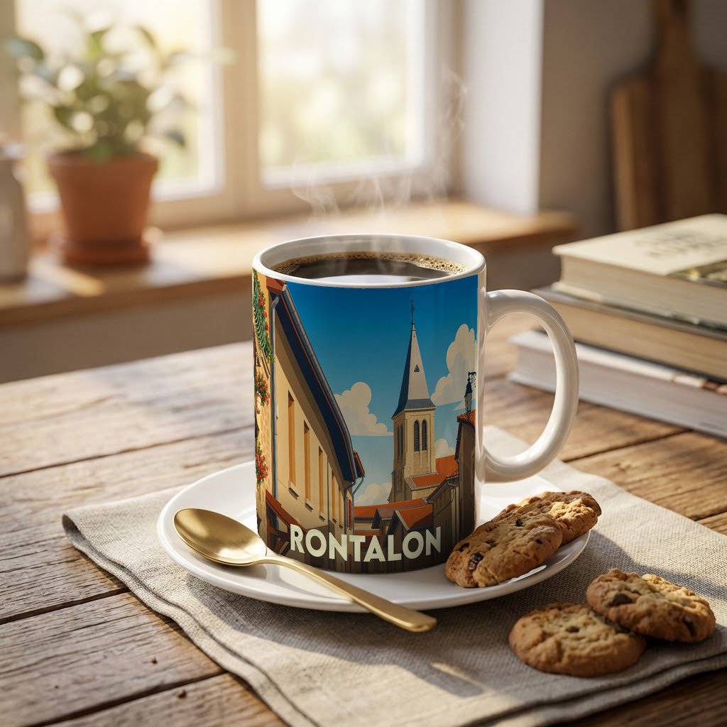 Mug souvenir de la ville de Rontalon avec une illustration stylisée montrant son église et ses ruelles.
