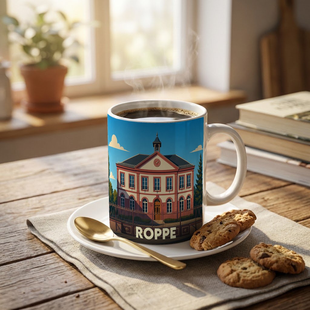 Mug souvenir de la ville de Roppe orné d'une illustration stylisée de son architecture locale.