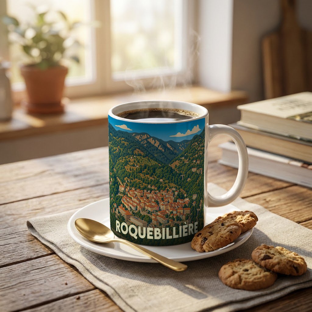 Mug souvenir de la ville de Roquebillière orné d'une illustration panoramique de la commune nichée dans les montagnes.
