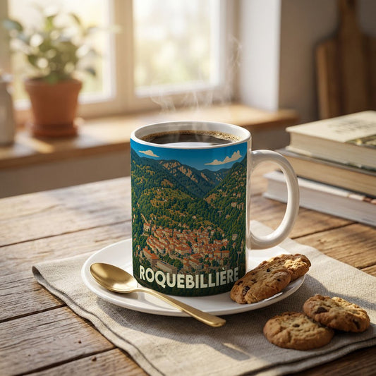 Mug souvenir de la ville de Roquebillière orné d'une illustration panoramique de la commune nichée dans les montagnes.