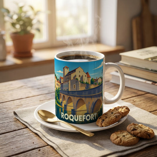 Mug souvenir de la ville de Roquefort illustré d'un pont et d'une église, posé sur une table avec café et biscuits.