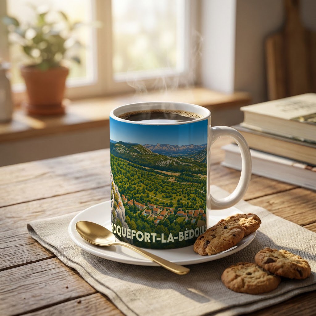 Mug souvenir de la ville de Roquefort-la-Bédoule orné d'une illustration paysagère stylisée.