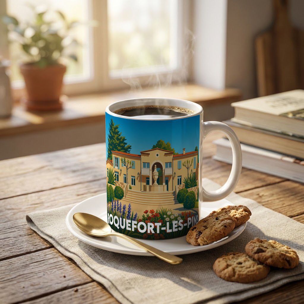 Mug souvenir de la ville de Roquefort-les-Pins avec une illustration stylisée d'une villa provençale.