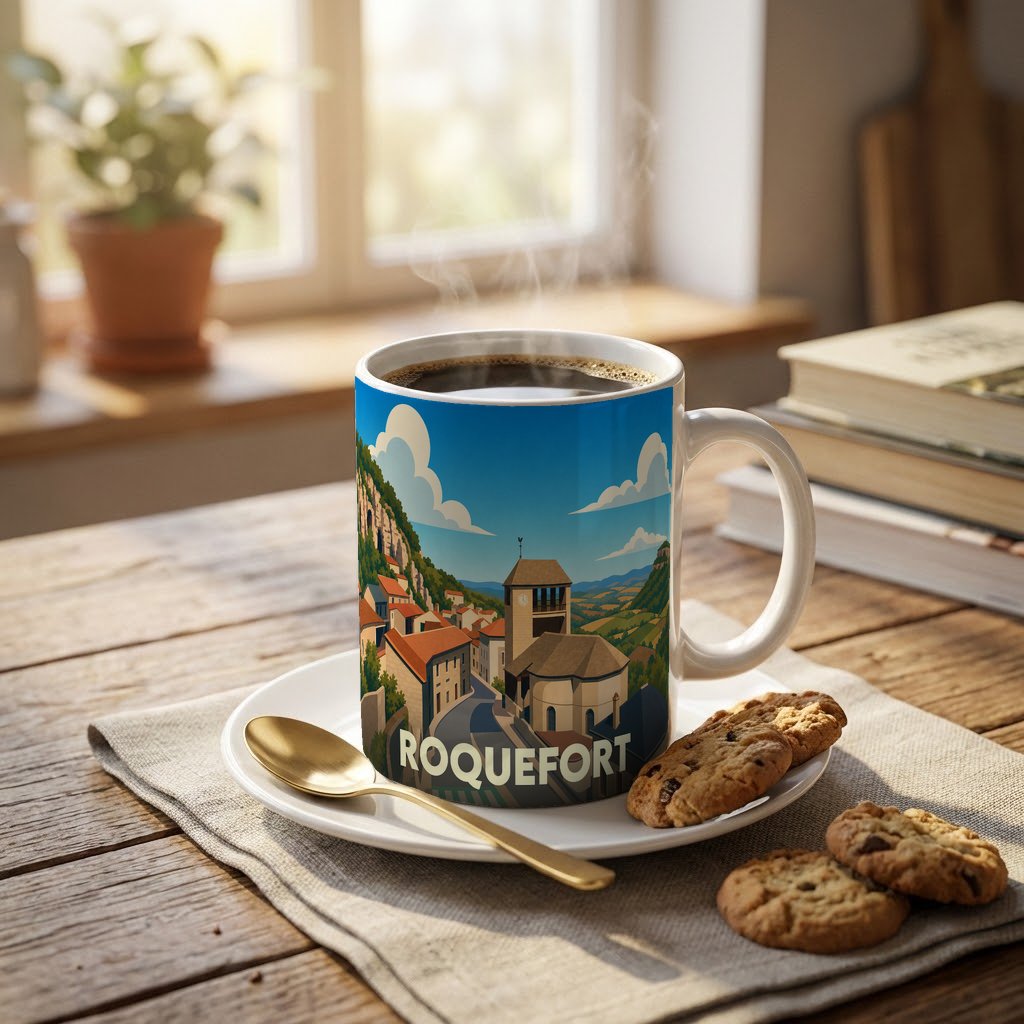 Mug souvenir de la ville de Roquefort orné d'une illustration stylisée de son village escarpé.