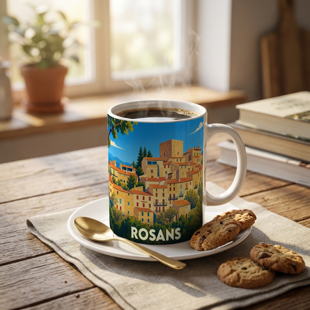 Mug souvenir de la ville de Rosans orné d'une illustration stylisée de son village provençal.