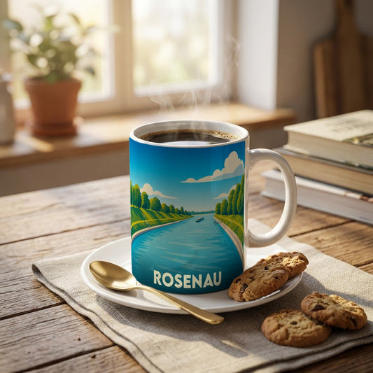 Mug souvenir de la ville de Rosenau orné d'une illustration stylisée d'un canal verdoyant.