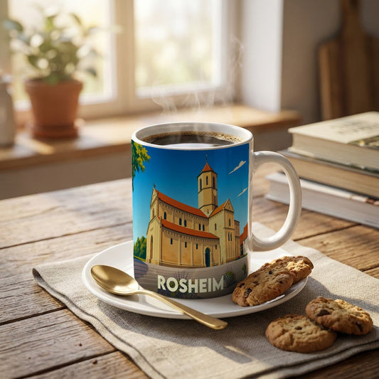 Mug souvenir de la ville de Rosheim orné d'une illustration stylisée de son église romane.